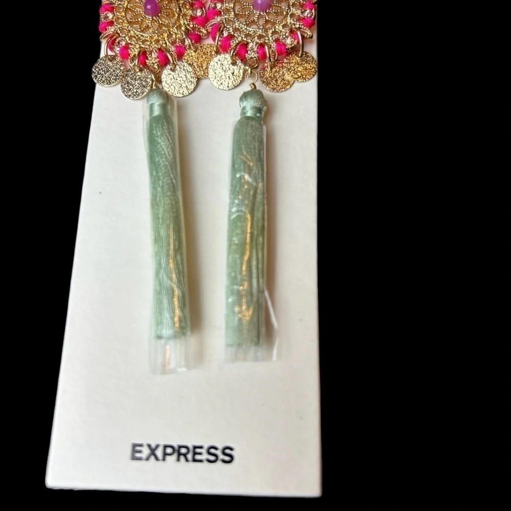Statement Long Dangle Pierced Earrings From Express Gold Charms Beads & Fringe